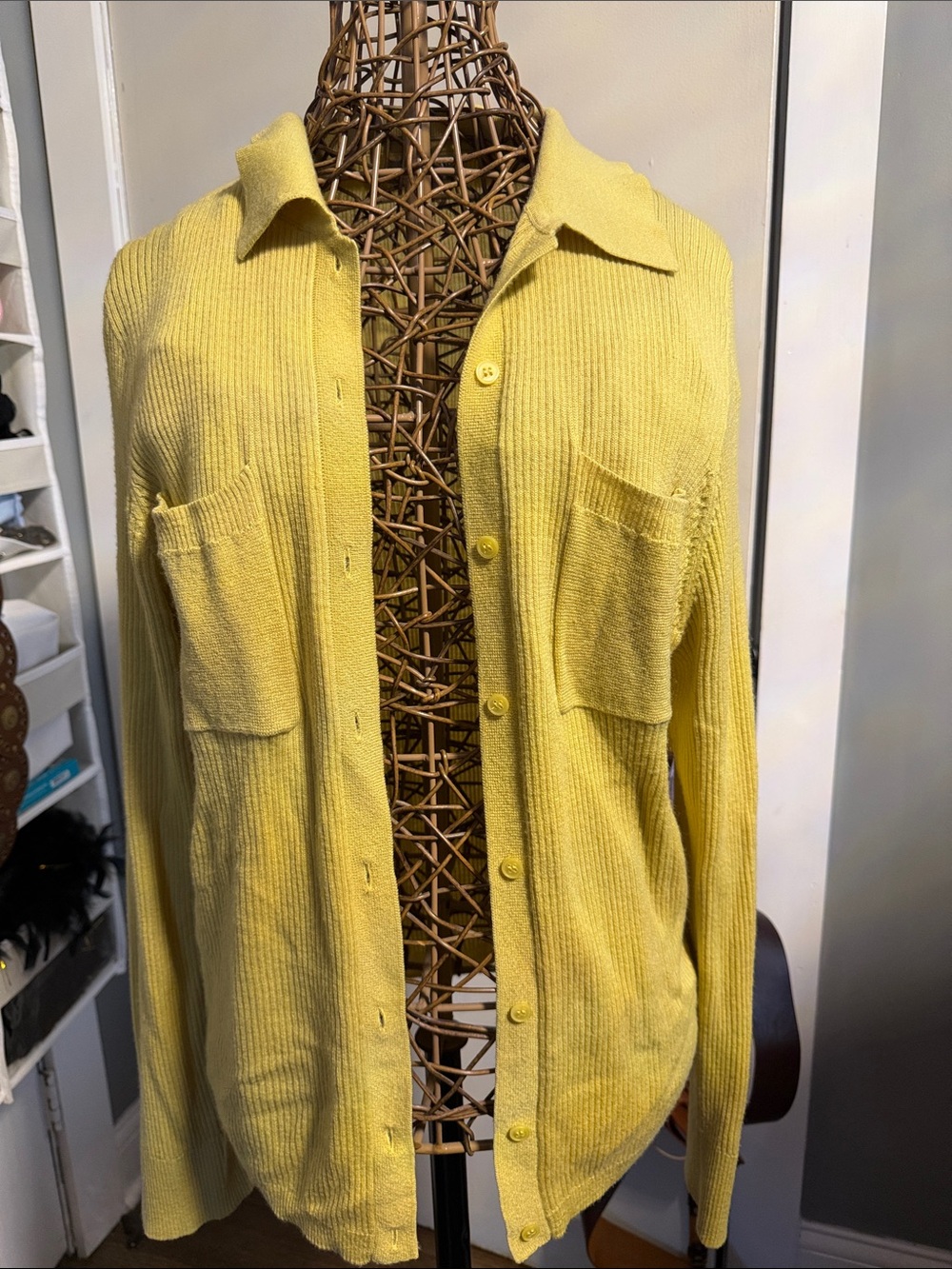 Yellow women’s  Button-Up Knit Shirt - Lightweight Ribbed Style